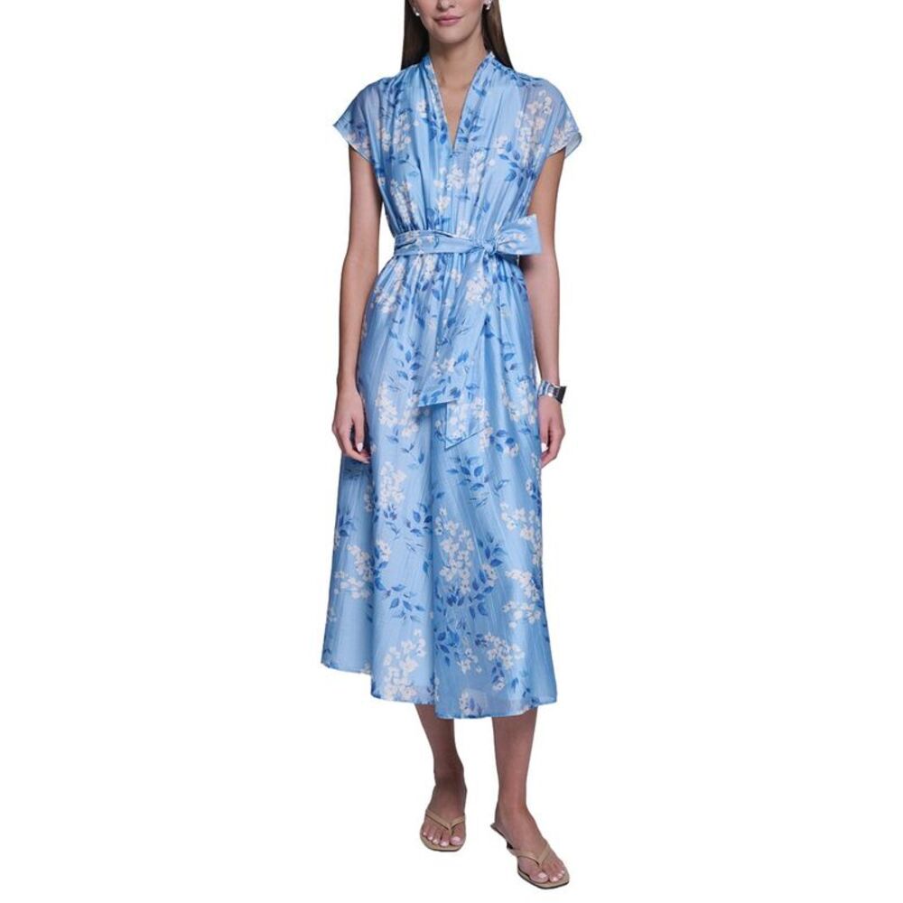 Halston Womens  Butterfly Sleeve Linen-Blend Midi Dress